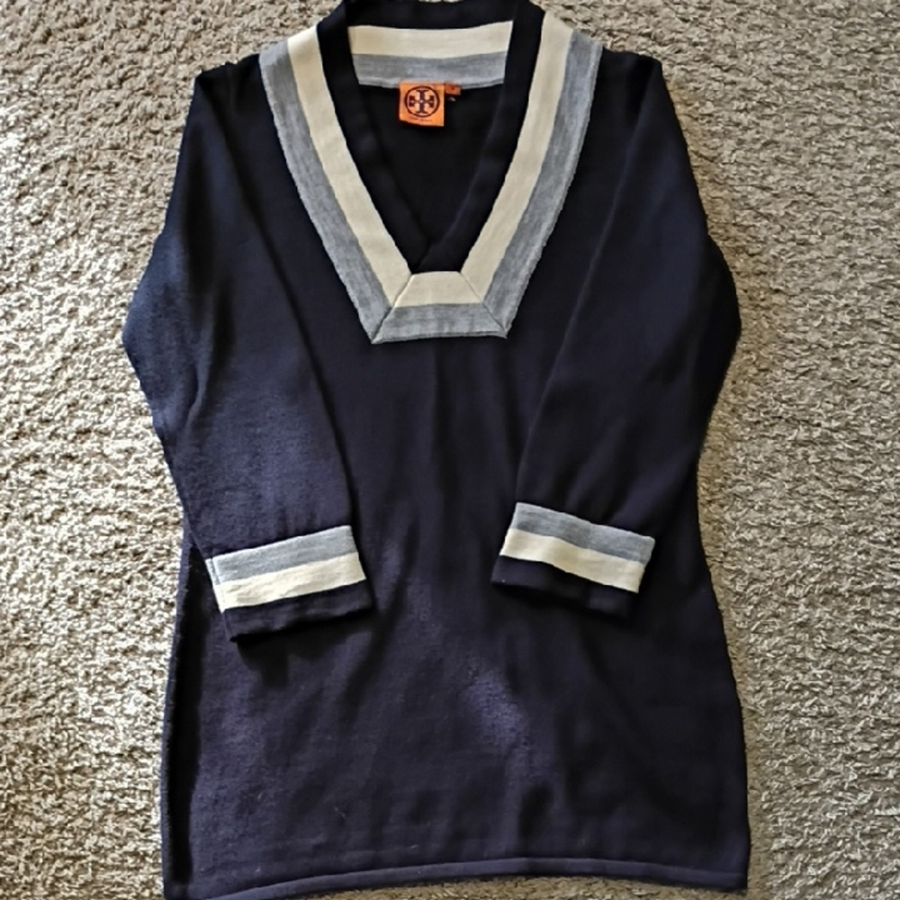 Tory Burch Navy and Gray V-Neck Sweater